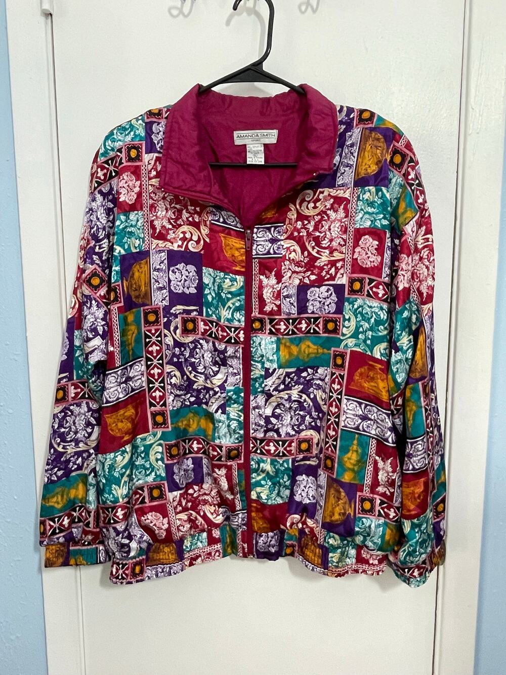 Vintage Amanda Smith Bomber Jacket XL Satin Scrolls Royal Granny Core Boho